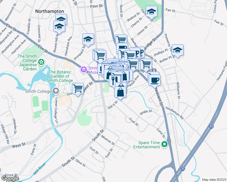 map of restaurants, bars, coffee shops, grocery stores, and more near Roundhouse Plaza in Northampton