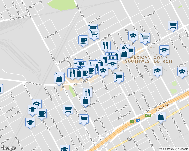 map of restaurants, bars, coffee shops, grocery stores, and more near 5837 W Vernor Hwy in Detroit