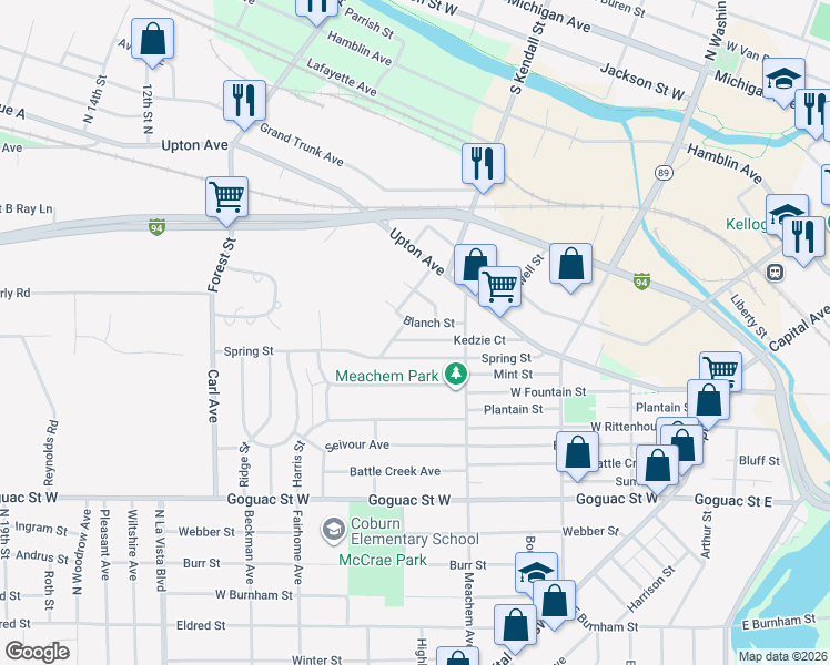 map of restaurants, bars, coffee shops, grocery stores, and more near 41 Blanch Street in Battle Creek