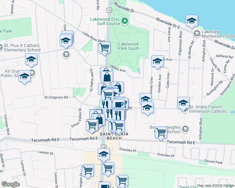 map of restaurants, bars, coffee shops, grocery stores, and more near 362 Village Grove Drive in Tecumseh