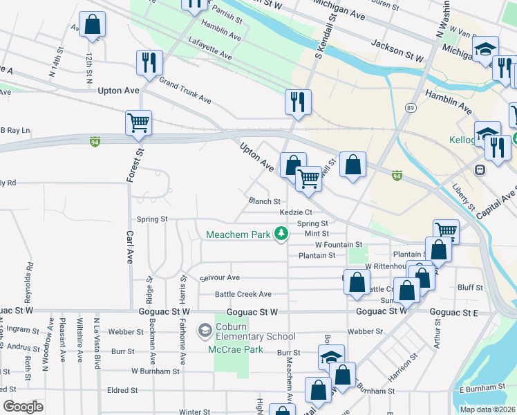 map of restaurants, bars, coffee shops, grocery stores, and more near 41 Blanch Street in Battle Creek