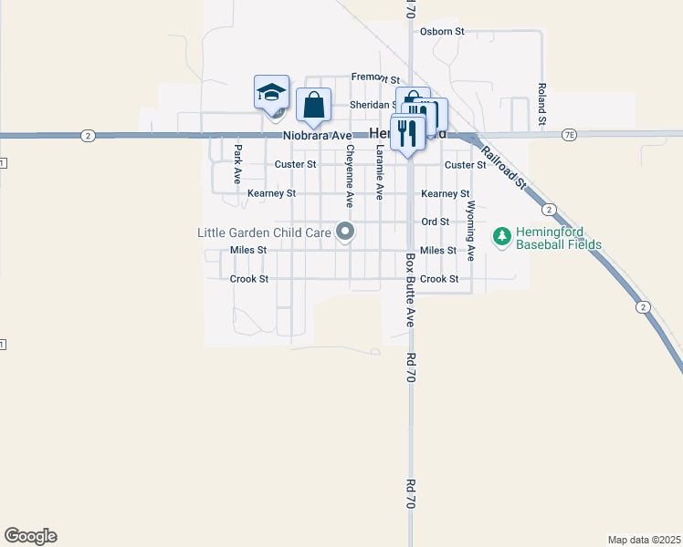 map of restaurants, bars, coffee shops, grocery stores, and more near 301 Cheyenne Avenue in Hemingford