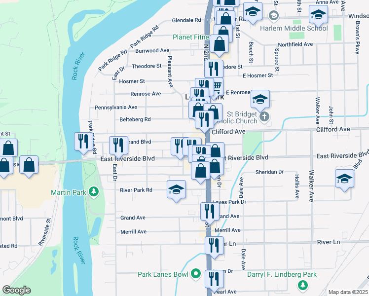map of restaurants, bars, coffee shops, grocery stores, and more near 5910 North 2nd Street in Loves Park