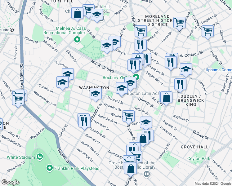 map of restaurants, bars, coffee shops, grocery stores, and more near 216 Townsend Street in Boston