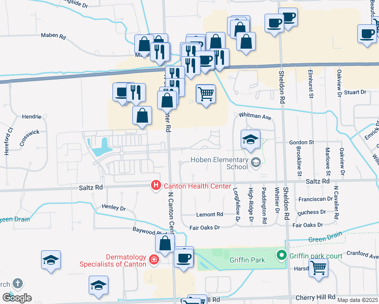 map of restaurants, bars, coffee shops, grocery stores, and more near 45182 Prestbury Road in Canton