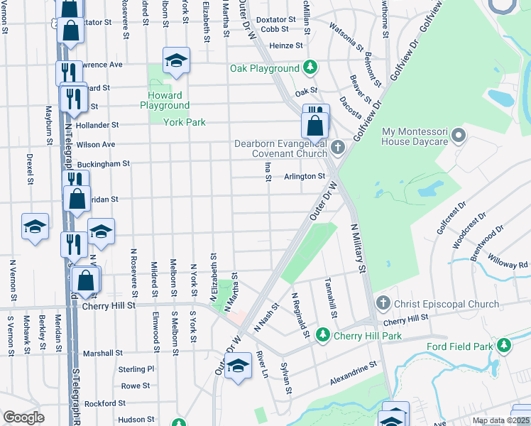 map of restaurants, bars, coffee shops, grocery stores, and more near 23021 Marlboro Street in Dearborn