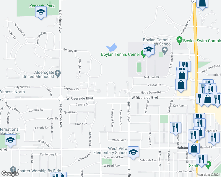 map of restaurants, bars, coffee shops, grocery stores, and more near 1901 West Riverside Boulevard in Rockford