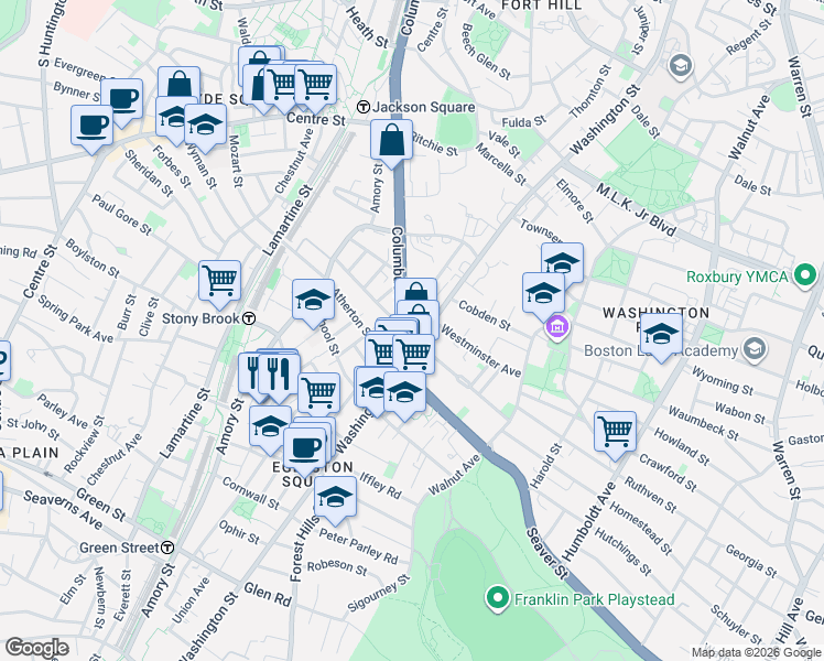 map of restaurants, bars, coffee shops, grocery stores, and more near 1926 Columbus Avenue in Boston