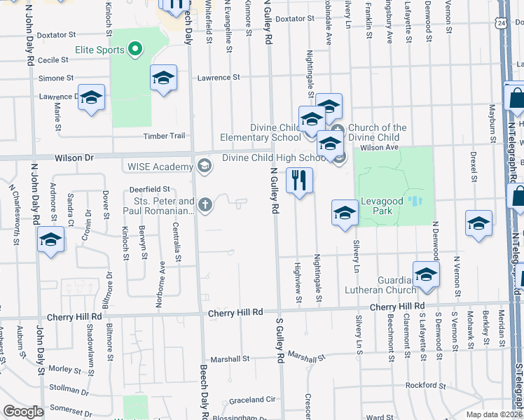 map of restaurants, bars, coffee shops, grocery stores, and more near 655 North Gulley Road in Dearborn Heights