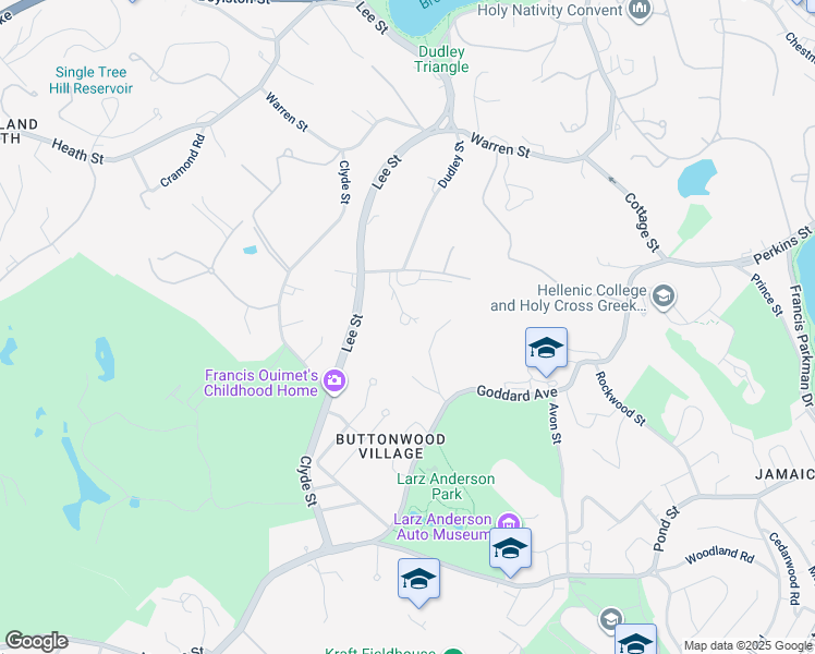 map of restaurants, bars, coffee shops, grocery stores, and more near 33 Sears Road in Brookline