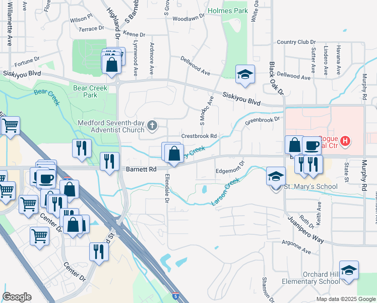 map of restaurants, bars, coffee shops, grocery stores, and more near 2101 East Barnett Road in Medford