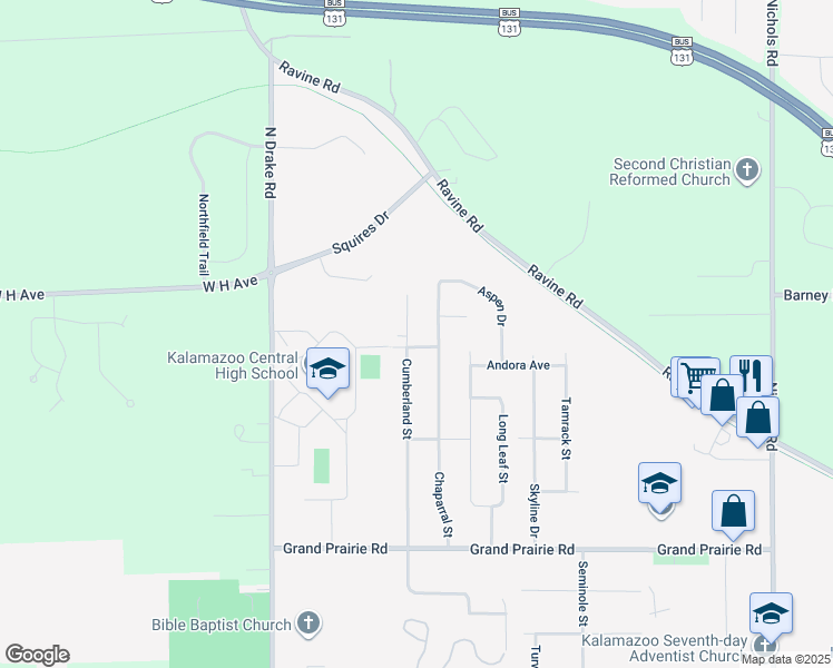 map of restaurants, bars, coffee shops, grocery stores, and more near 2528 Cumberland Street in Kalamazoo
