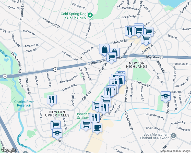 map of restaurants, bars, coffee shops, grocery stores, and more near 12 Frances Street in Newton