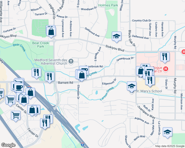 map of restaurants, bars, coffee shops, grocery stores, and more near 2217 East Barnett Road in Medford