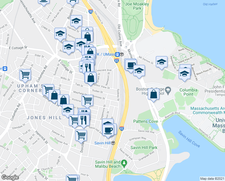 map of restaurants, bars, coffee shops, grocery stores, and more near 62-64 Sudan Street in Boston