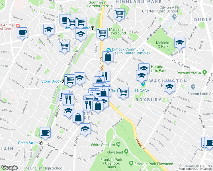 map of restaurants, bars, coffee shops, grocery stores, and more near 3028 Washington Street in Boston