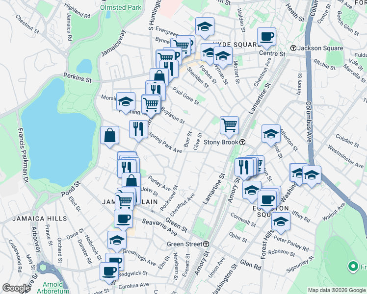 map of restaurants, bars, coffee shops, grocery stores, and more near 24 Burr Street in Boston