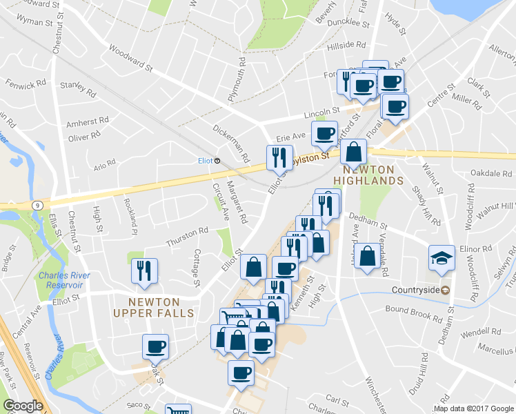 map of restaurants, bars, coffee shops, grocery stores, and more near 69 Elliot Street in Newton