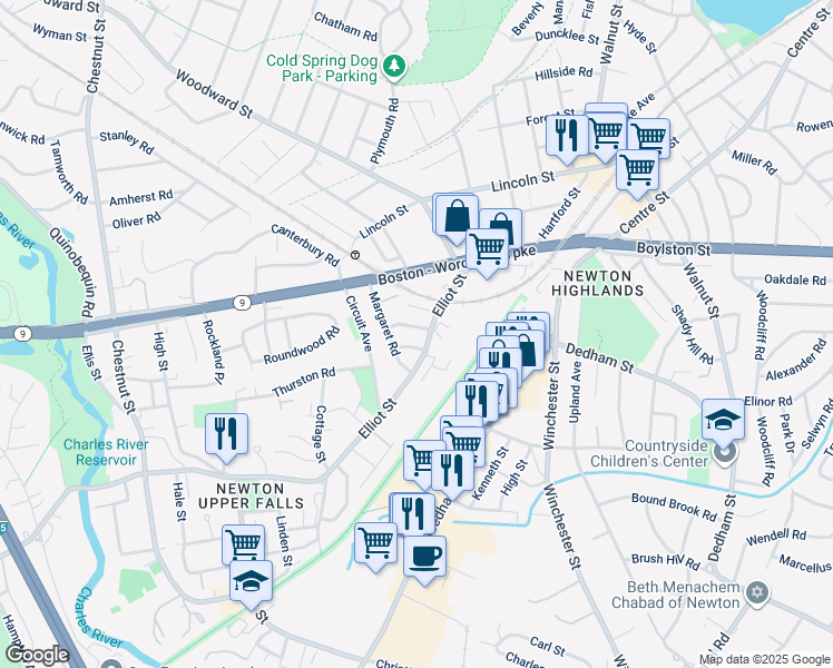 map of restaurants, bars, coffee shops, grocery stores, and more near 69 Elliot Street in Newton