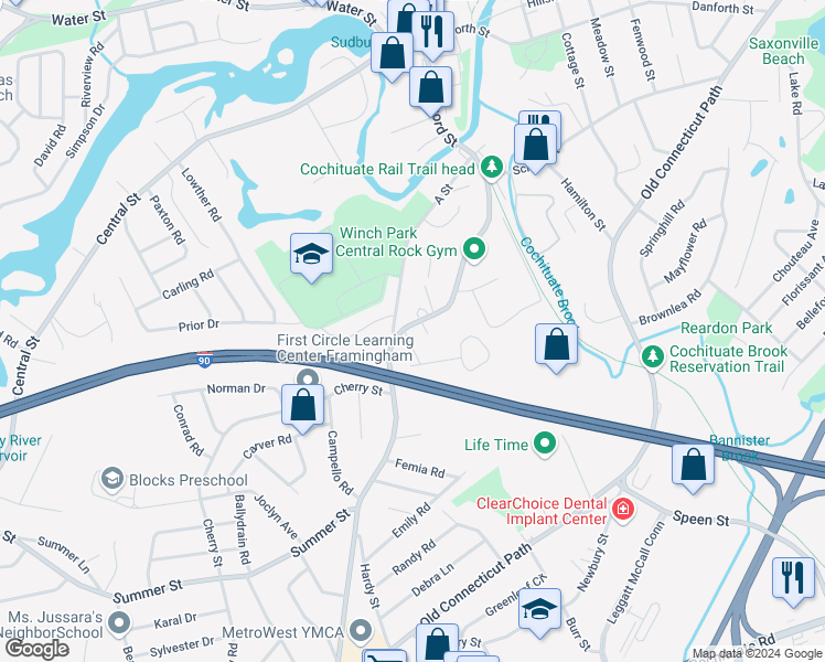 map of restaurants, bars, coffee shops, grocery stores, and more near 2 King Street in Framingham