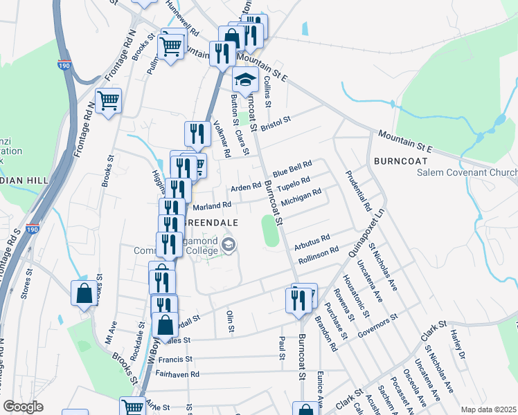 map of restaurants, bars, coffee shops, grocery stores, and more near 454 Burncoat Street in Worcester