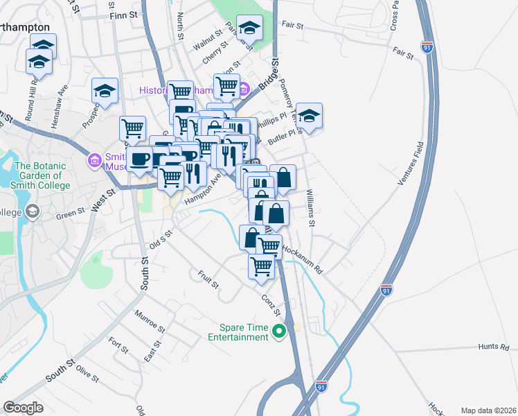 map of restaurants, bars, coffee shops, grocery stores, and more near 304 Pleasant Street in Northampton