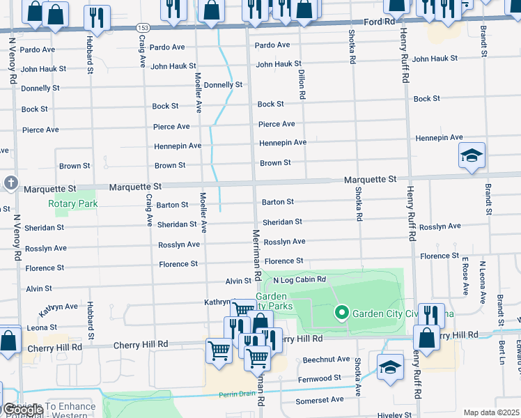 map of restaurants, bars, coffee shops, grocery stores, and more near 31314 Sheridan Street in Garden City