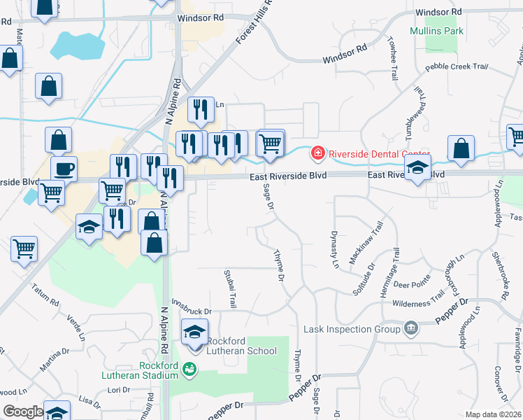 map of restaurants, bars, coffee shops, grocery stores, and more near 4742 Charing Drive in Rockford
