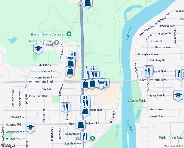 map of restaurants, bars, coffee shops, grocery stores, and more near 3727 Robey Avenue in Rockford