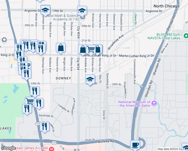 map of restaurants, bars, coffee shops, grocery stores, and more near 1718 Morrow Avenue in North Chicago