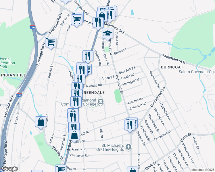 map of restaurants, bars, coffee shops, grocery stores, and more near 1 Dundee Court in Worcester