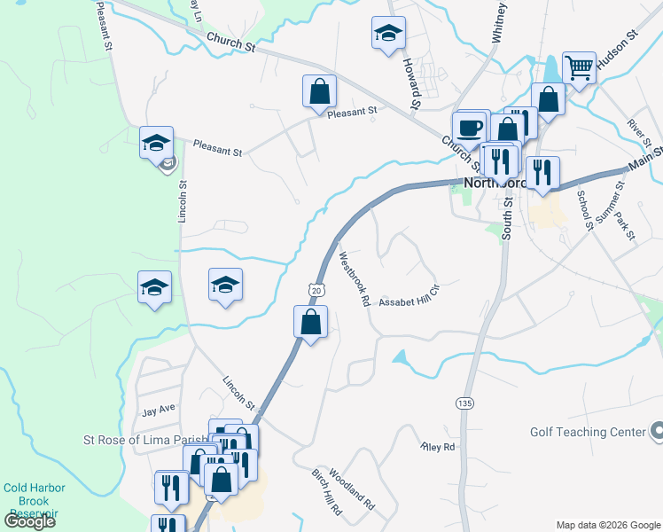 map of restaurants, bars, coffee shops, grocery stores, and more near 14 Westbrook Road in Northborough