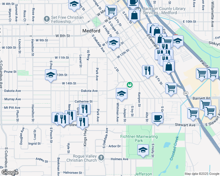 map of restaurants, bars, coffee shops, grocery stores, and more near 715 South Oakdale Avenue in Medford
