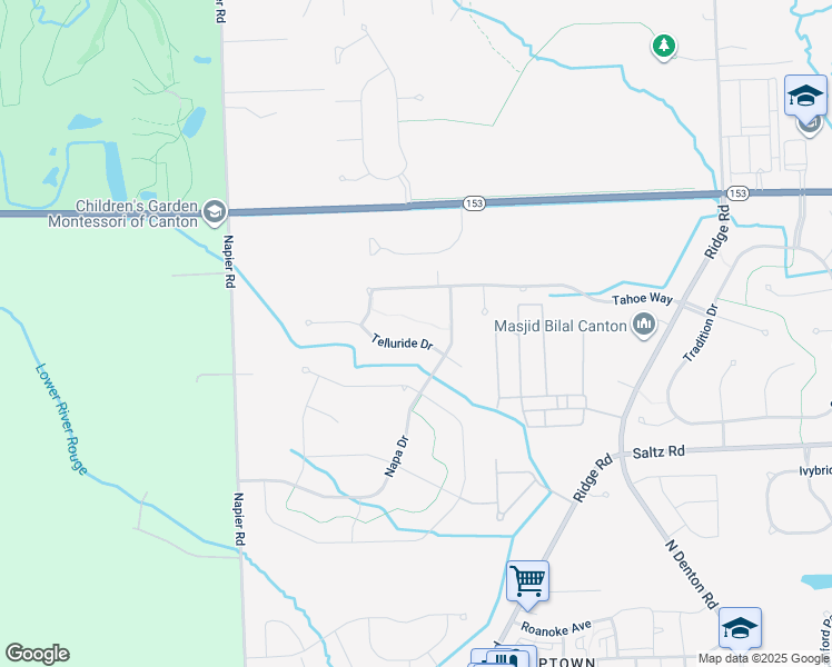 map of restaurants, bars, coffee shops, grocery stores, and more near 50749 Telluride Drive in Canton