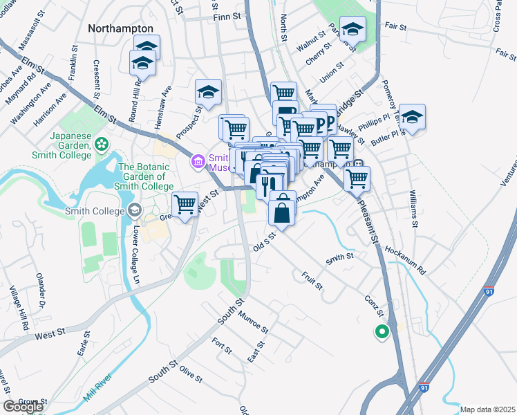 map of restaurants, bars, coffee shops, grocery stores, and more near 244 Main Street in Northampton