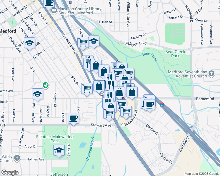 map of restaurants, bars, coffee shops, grocery stores, and more near 235 East Barnett Road in Medford
