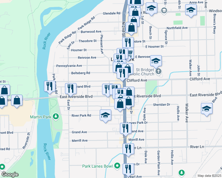 map of restaurants, bars, coffee shops, grocery stores, and more near 5910 North 2nd Street in Loves Park