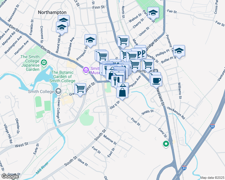 map of restaurants, bars, coffee shops, grocery stores, and more near 244 Main Street in Northampton