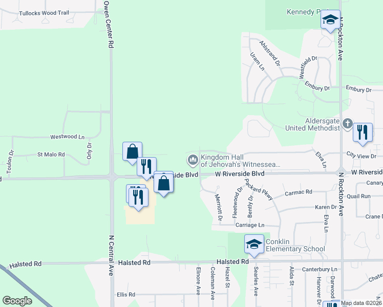 map of restaurants, bars, coffee shops, grocery stores, and more near 3597 Cord Court in Rockford