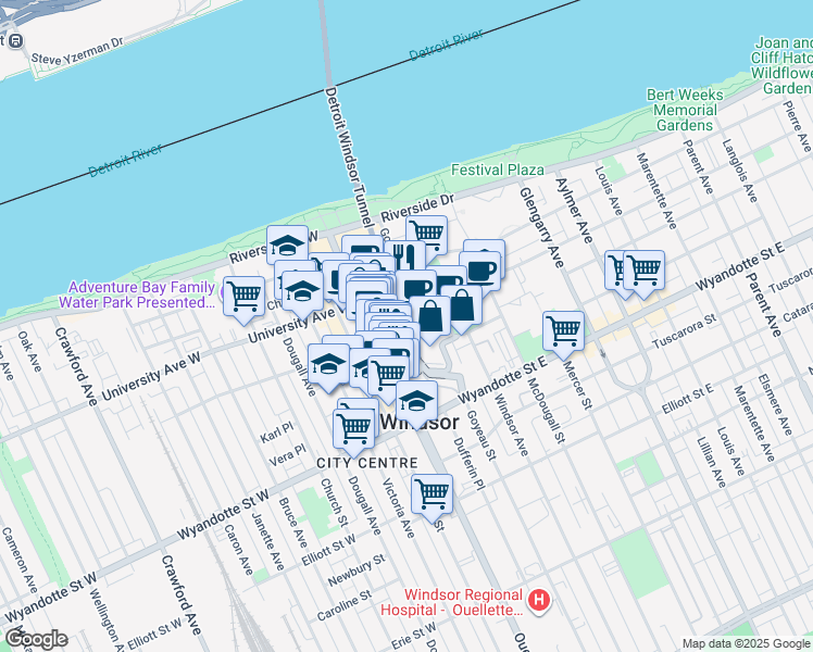 map of restaurants, bars, coffee shops, grocery stores, and more near 58 Park Street East in Windsor
