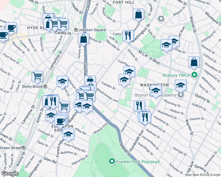 map of restaurants, bars, coffee shops, grocery stores, and more near 18 Westminster Avenue in Boston