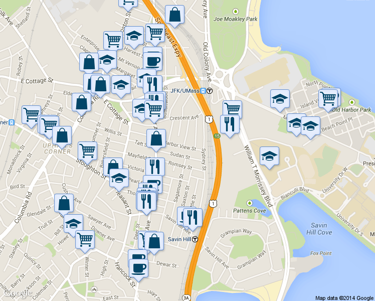 map of restaurants, bars, coffee shops, grocery stores, and more near 62-64 Sudan Street in Boston