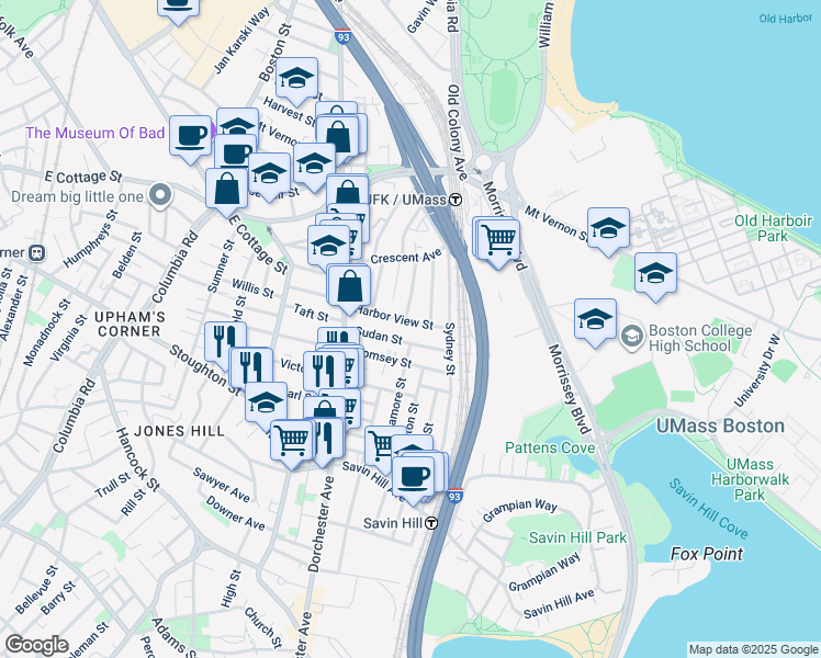 map of restaurants, bars, coffee shops, grocery stores, and more near 62-64 Sudan Street in Boston