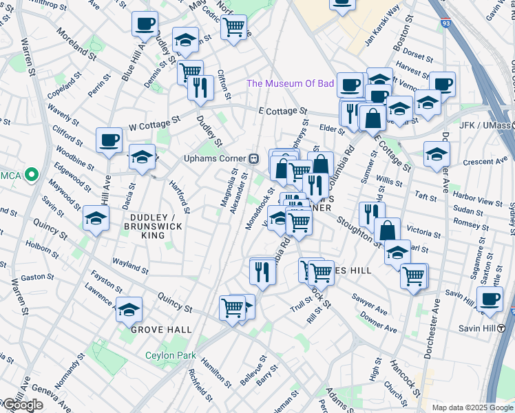 map of restaurants, bars, coffee shops, grocery stores, and more near 28 Monadnock Street in Boston