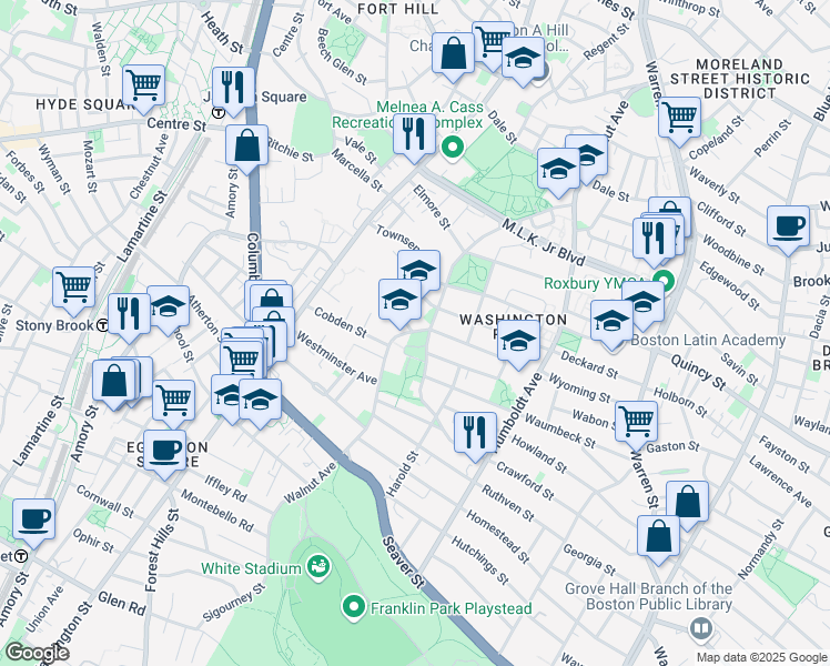 map of restaurants, bars, coffee shops, grocery stores, and more near 300 Walnut Avenue in Boston