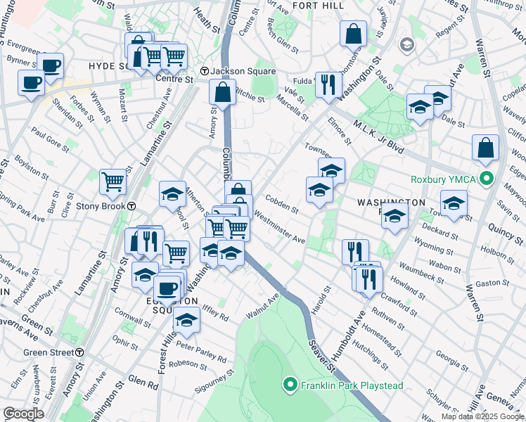map of restaurants, bars, coffee shops, grocery stores, and more near 18 Westminster Avenue in Boston