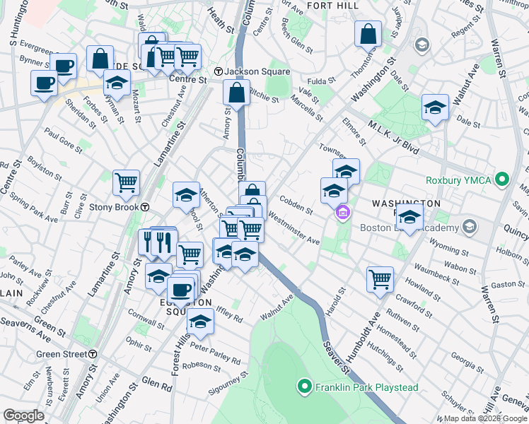map of restaurants, bars, coffee shops, grocery stores, and more near 3028 Washington Street in Boston
