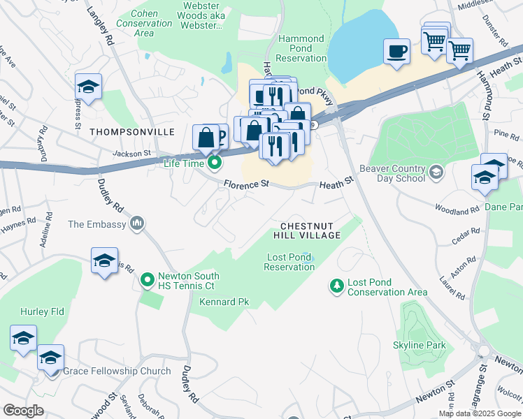 map of restaurants, bars, coffee shops, grocery stores, and more near 49 Louise Road in Newton