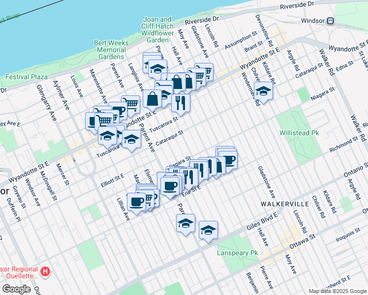 map of restaurants, bars, coffee shops, grocery stores, and more near 868 Langlois Avenue in Windsor