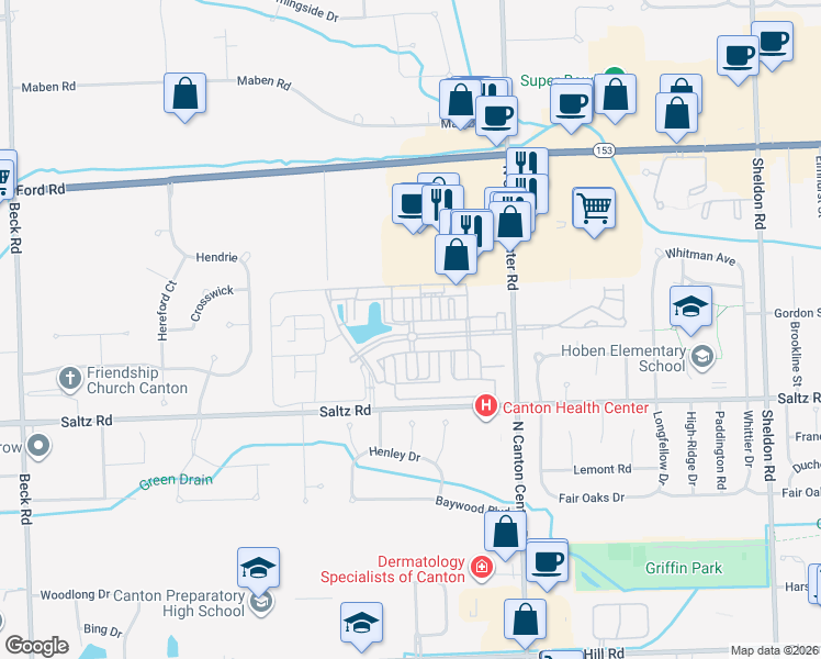 map of restaurants, bars, coffee shops, grocery stores, and more near 45746 South Stonewood Road in Canton